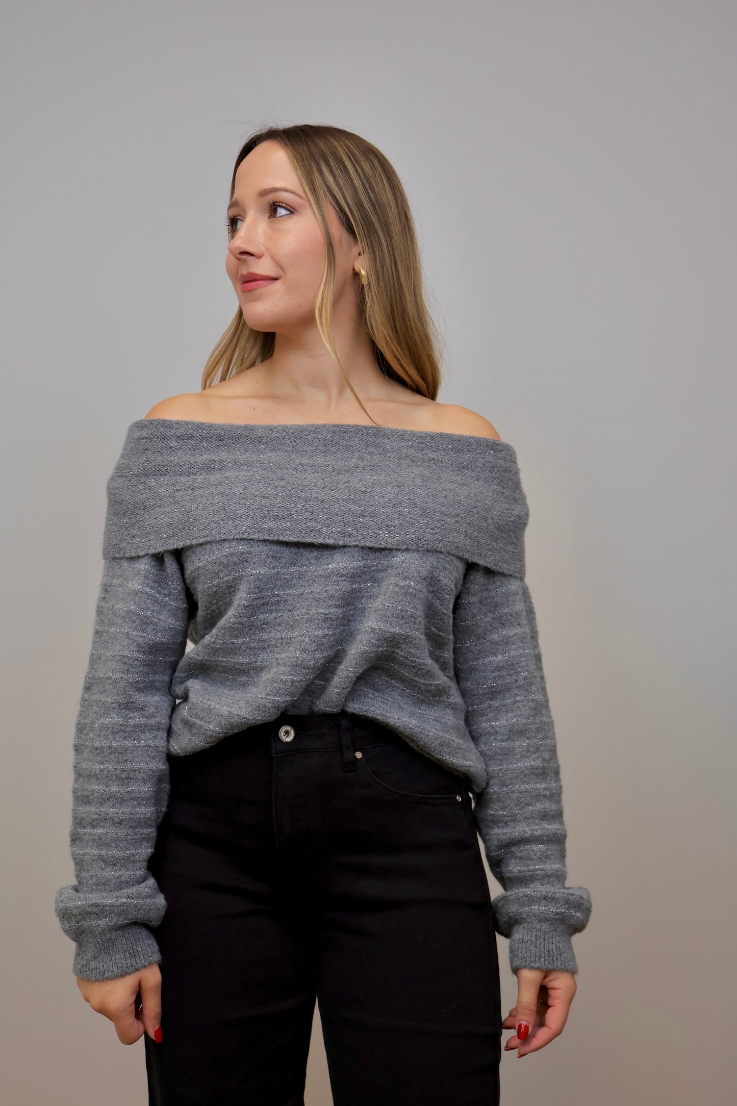 Jersey bardot gris con brillos para mujer